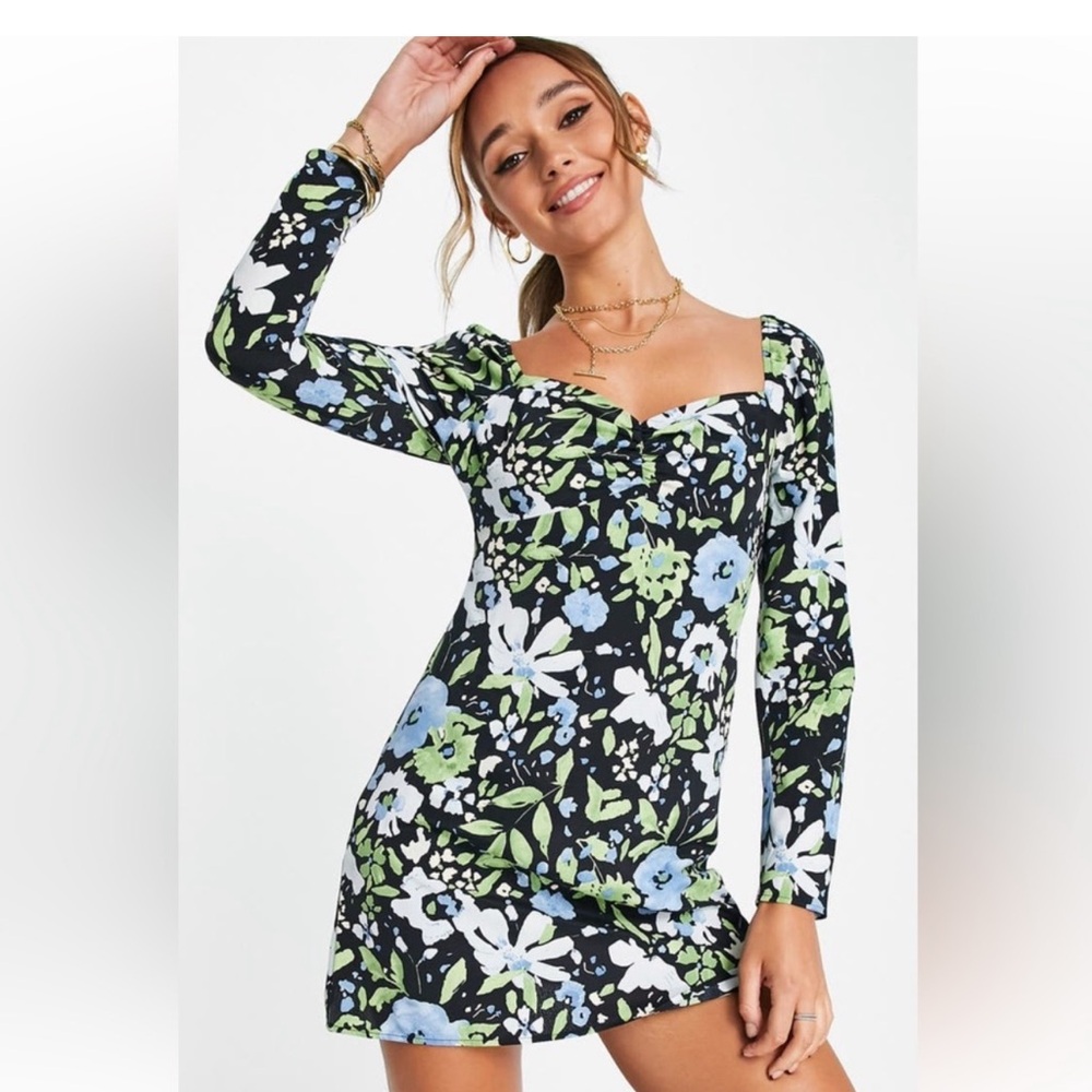 Topshop Black and Green Floral Mini Dress